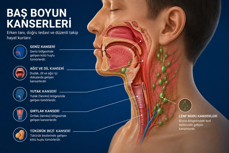 Baş-boyun kanserlerini gösteren anatomik tıbbi illüstrasyon, geniz, ağız, yutak, gırtlak ve lenf nodu bölgelerini açıklayan eğitim görseli
